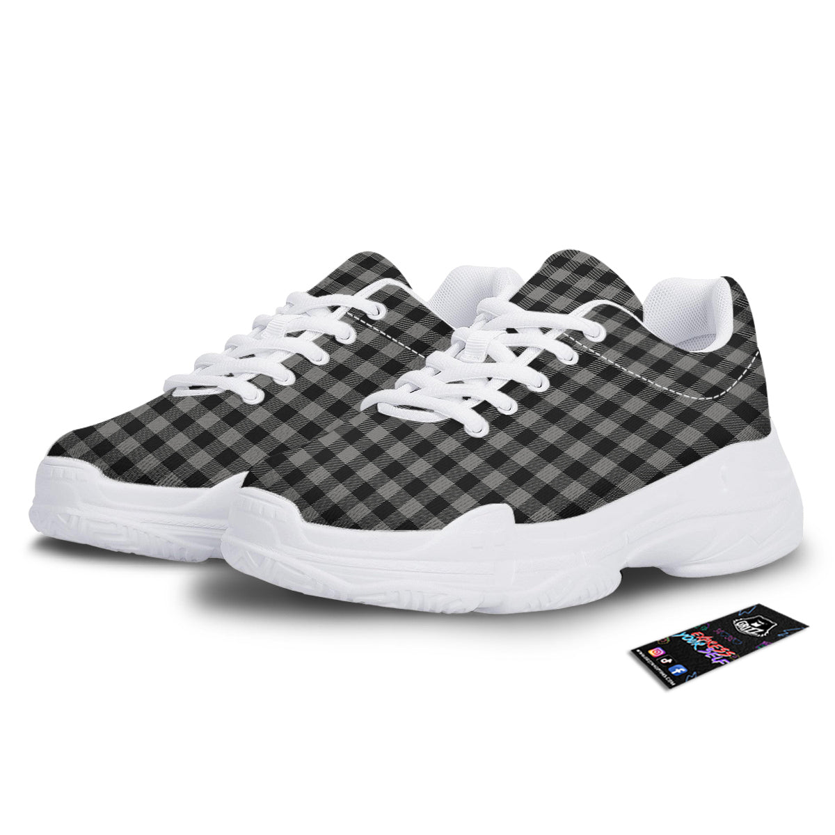 Buffalo Check Dark Grey And Black Print White Chunky Shoes-grizzshop