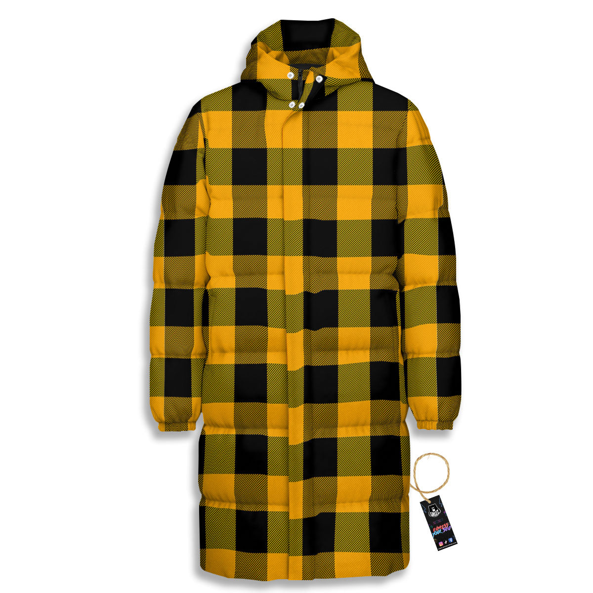Buffalo Check Fire Yellow Print Pattern Long Down Jacket-grizzshop