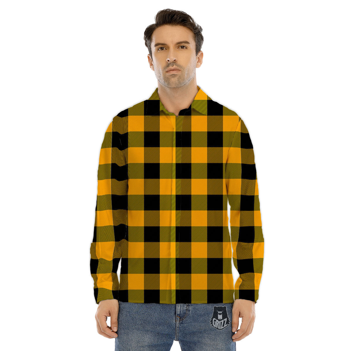 Buffalo Check Fire Yellow Print Pattern Men's Dress Shirts-grizzshop