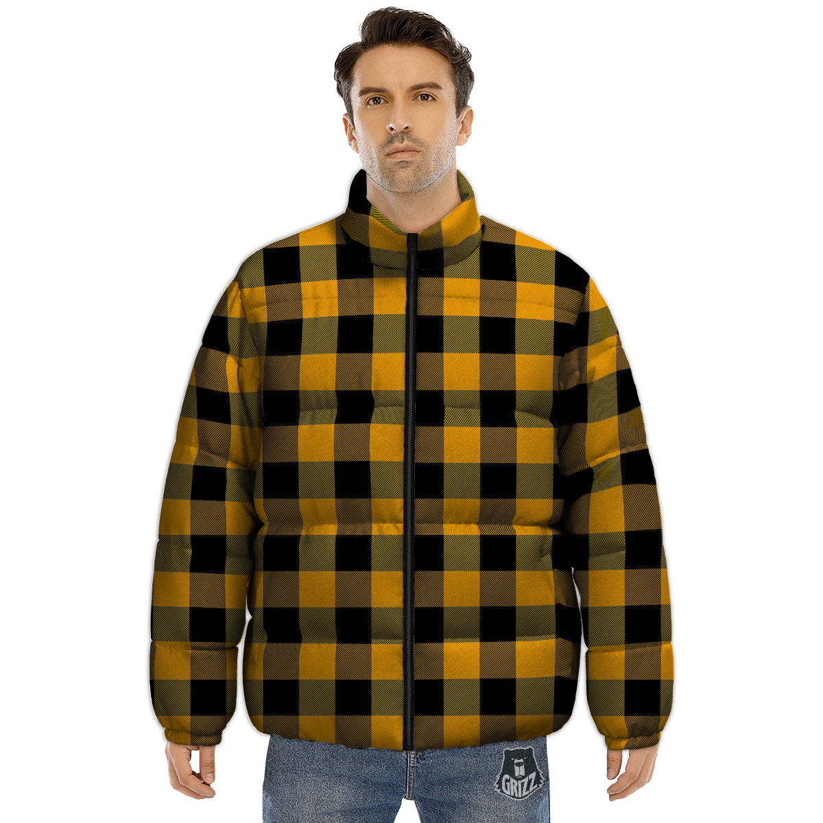Buffalo Check Fire Yellow Print Pattern Puffer Jacket-grizzshop