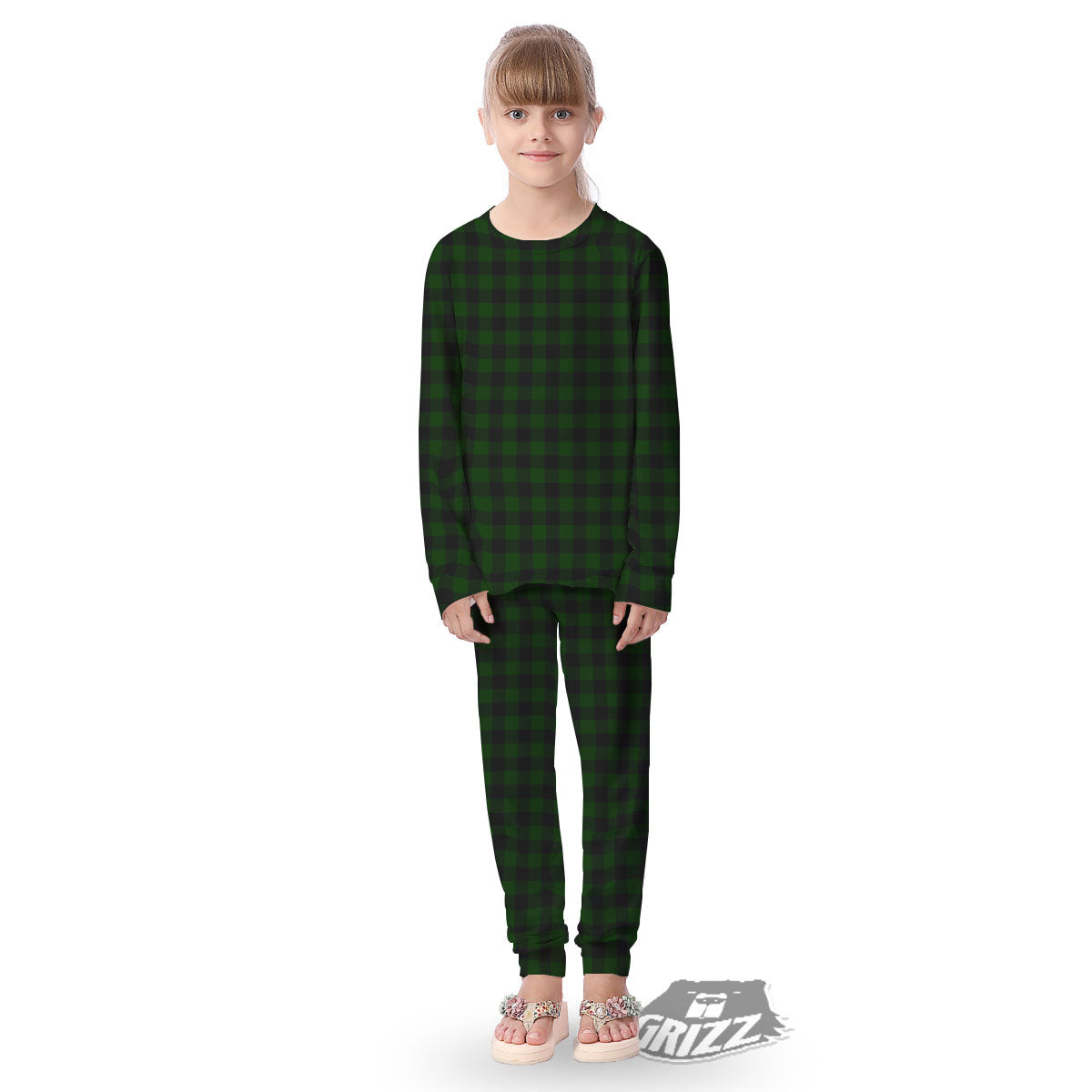 Buffalo Check Forest Green Print Pattern Kid's Pajamas-grizzshop
