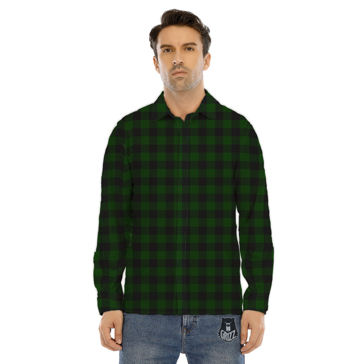 Buffalo Check Forest Green Print Pattern Men's Dress Shirts-grizzshop