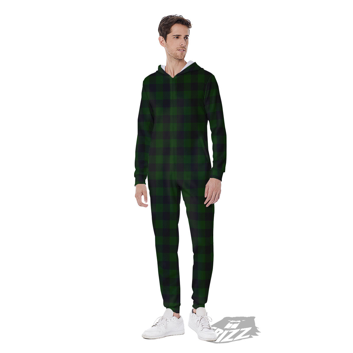 Buffalo Check Forest Green Print Pattern Men's Jumpsuit-grizzshop