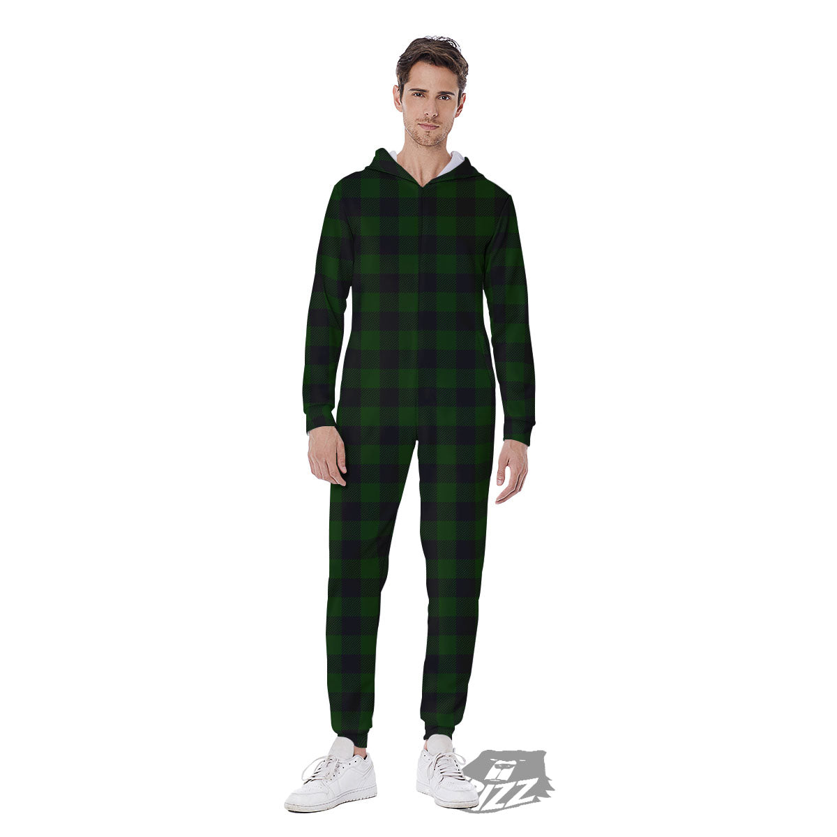 Buffalo Check Forest Green Print Pattern Men's Jumpsuit-grizzshop