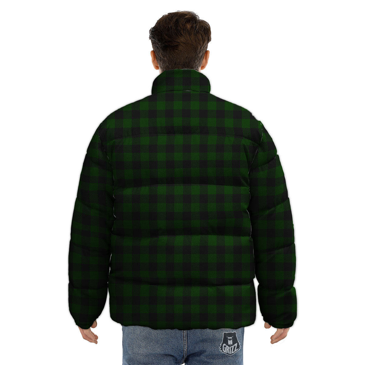 Buffalo Check Forest Green Print Pattern Puffer Jacket-grizzshop