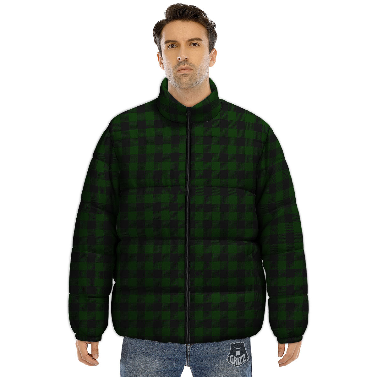 Buffalo Check Forest Green Print Pattern Puffer Jacket-grizzshop