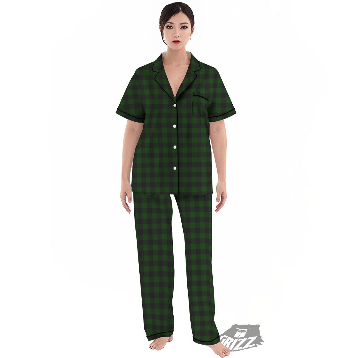 Buffalo Check Forest Green Print Pattern Women's Pajamas Set-grizzshop