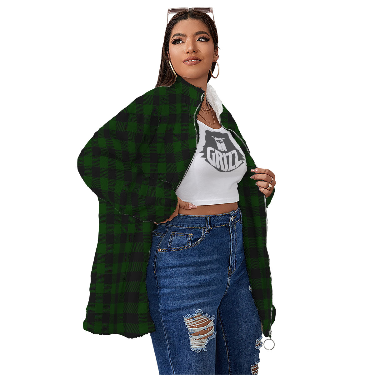 Buffalo Check Forest Green Print Pattern Women's Sherpa Jacket-grizzshop