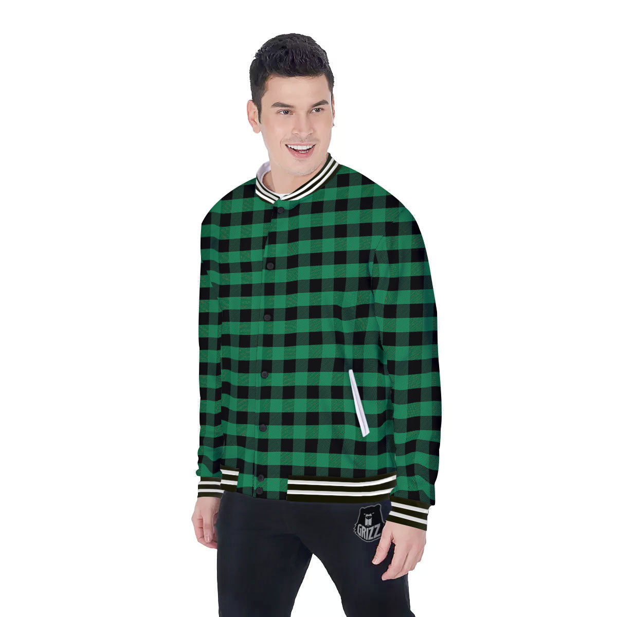 Buffalo Check Green Print Pattern Baseball Jacket-grizzshop