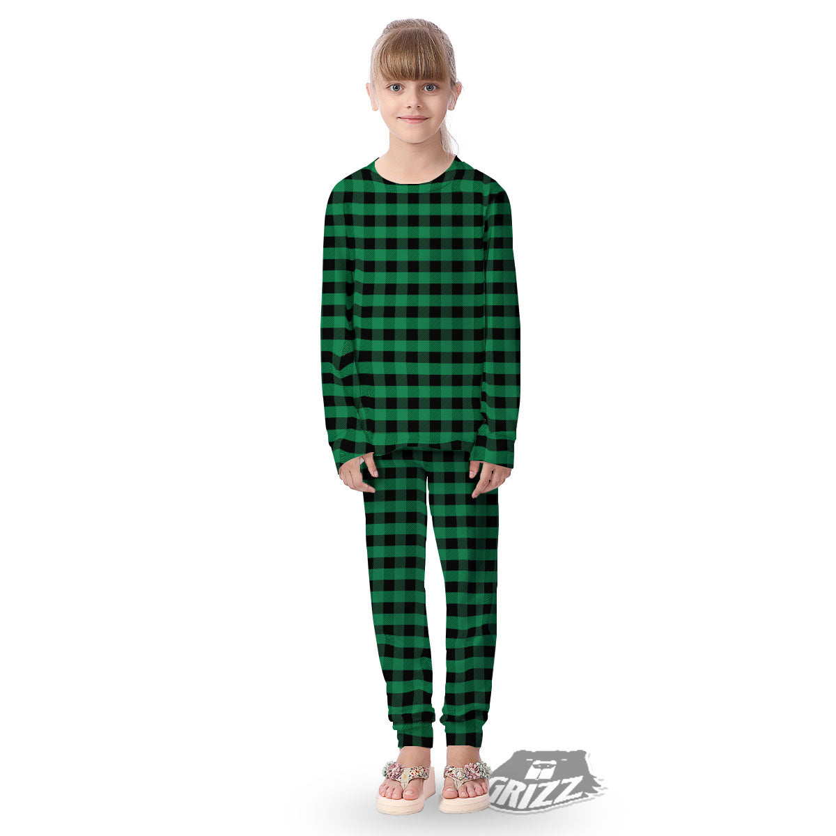 Buffalo Check Green Print Pattern Kid's Pajamas-grizzshop
