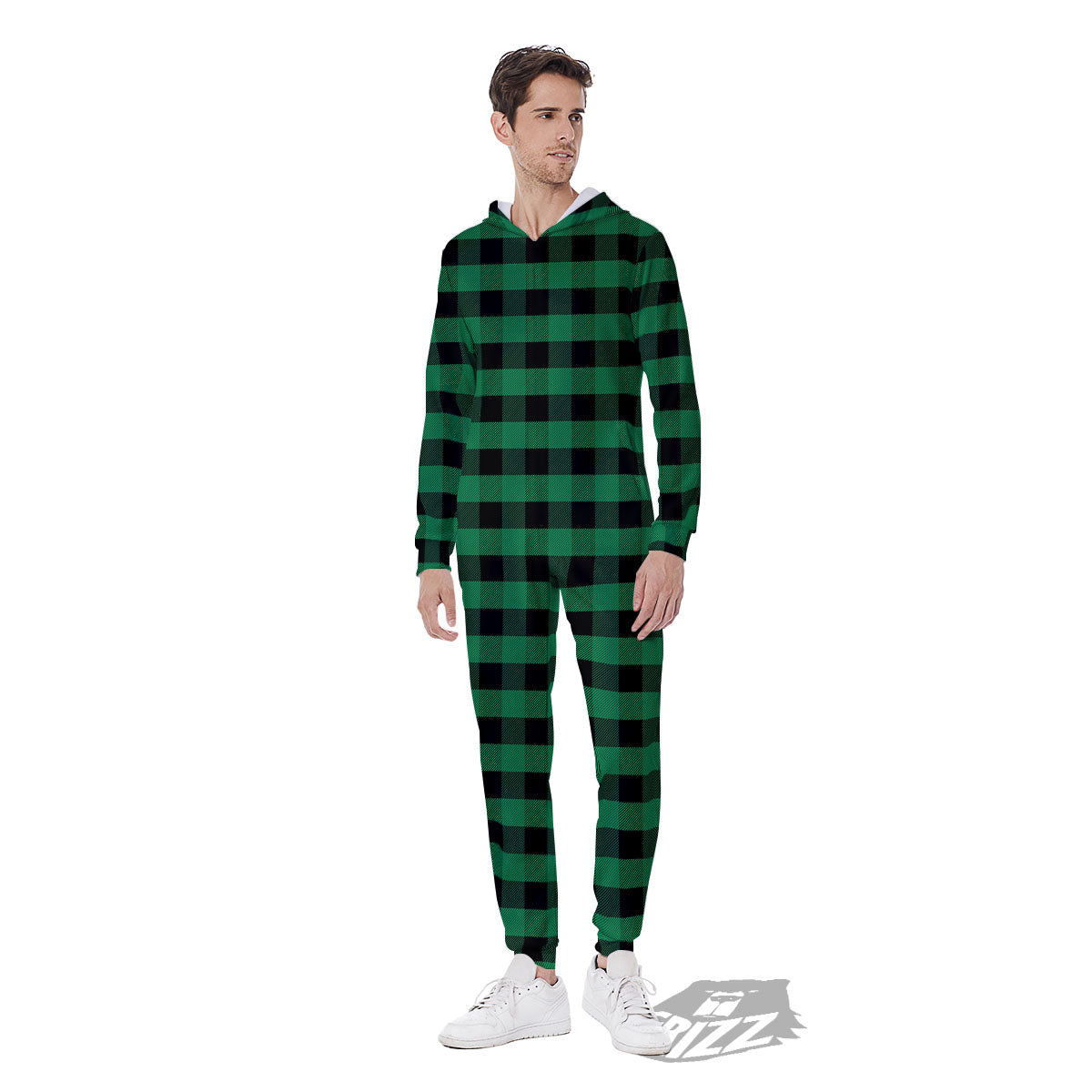 Buffalo Check Green Print Pattern Men's Jumpsuit-grizzshop
