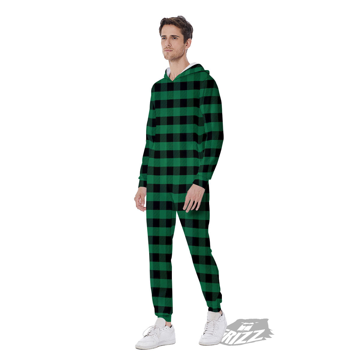 Buffalo Check Green Print Pattern Men's Jumpsuit-grizzshop