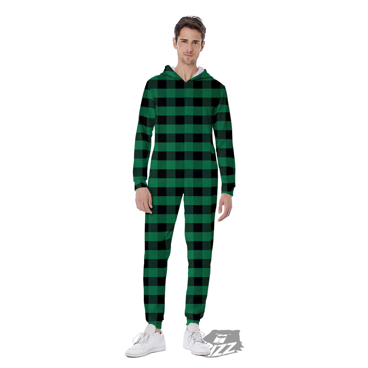 Buffalo Check Green Print Pattern Men's Jumpsuit-grizzshop