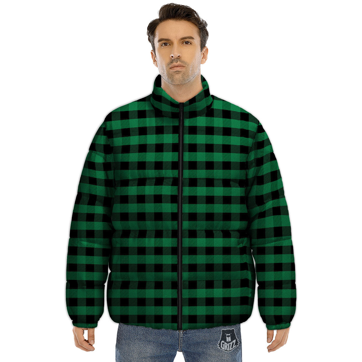 Buffalo Check Green Print Pattern Puffer Jacket-grizzshop