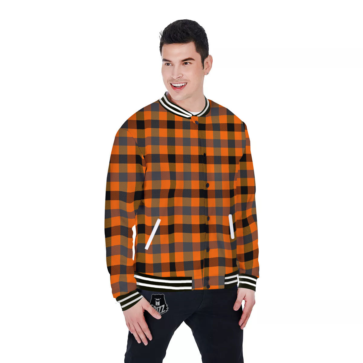Buffalo Check Halloween Orange Print Baseball Jacket-grizzshop