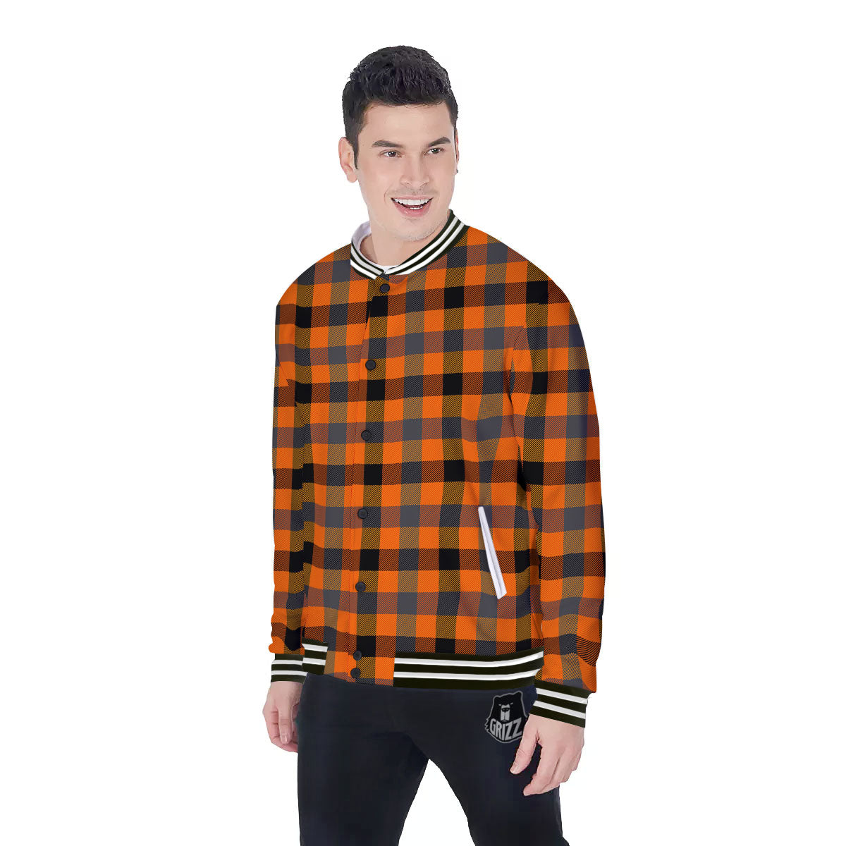 Buffalo Check Halloween Orange Print Baseball Jacket-grizzshop