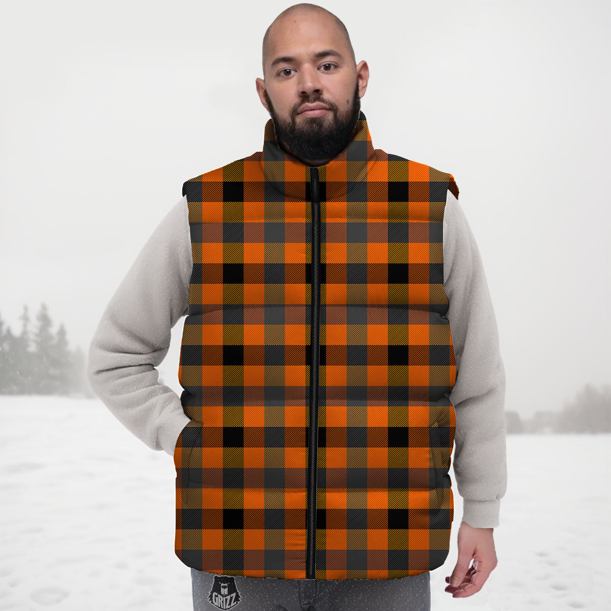 Buffalo Check Halloween Orange Print Down Vest