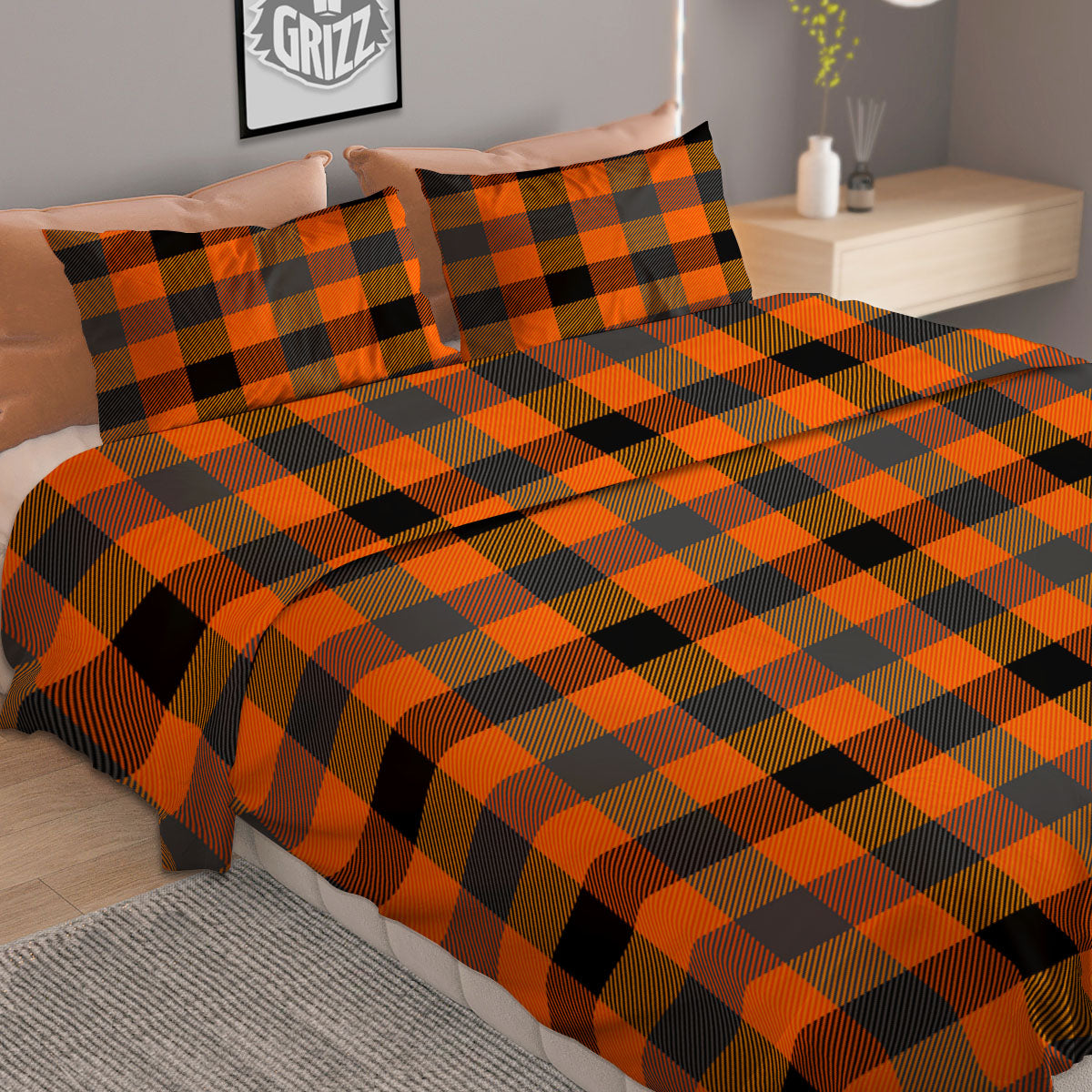 Buffalo Check Halloween Orange Print Duvet Cover Bedding Set