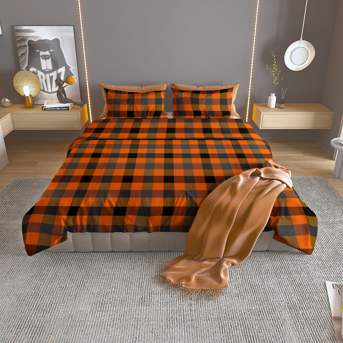 Buffalo Check Halloween Orange Print Duvet Cover Bedding Set