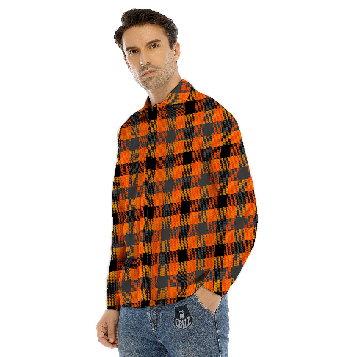 Buffalo Check Halloween Orange Print Men's Dress Shirts-grizzshop