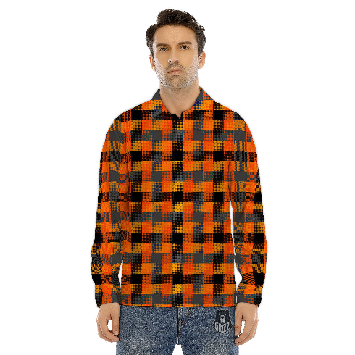 Buffalo Check Halloween Orange Print Men's Dress Shirts-grizzshop