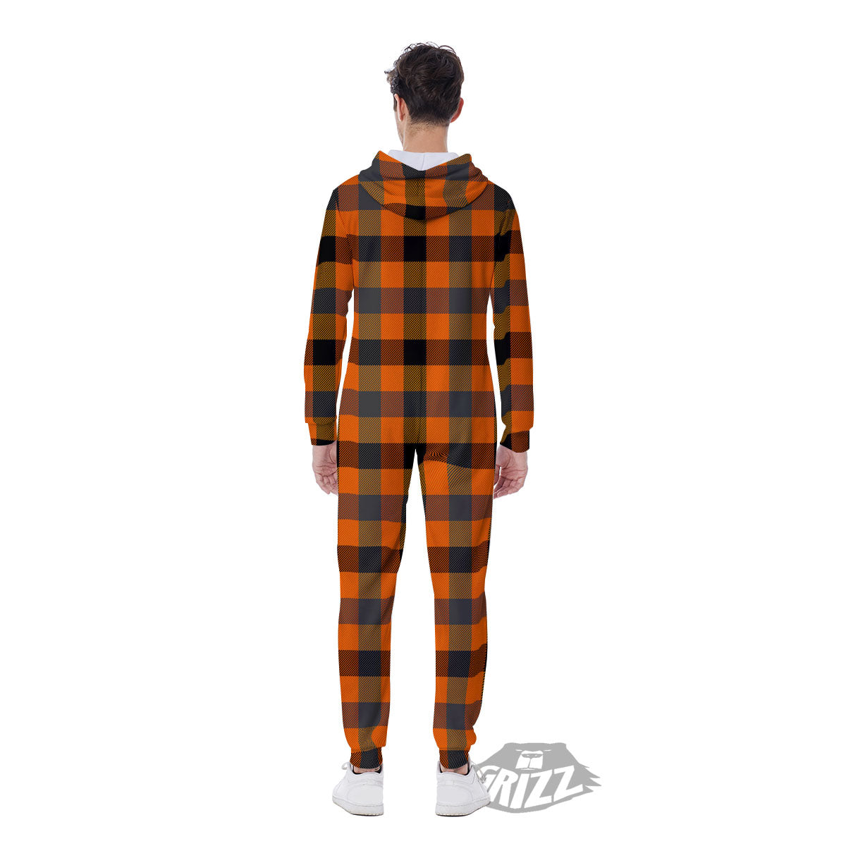 Buffalo Check Halloween Orange Print Men's Jumpsuit-grizzshop