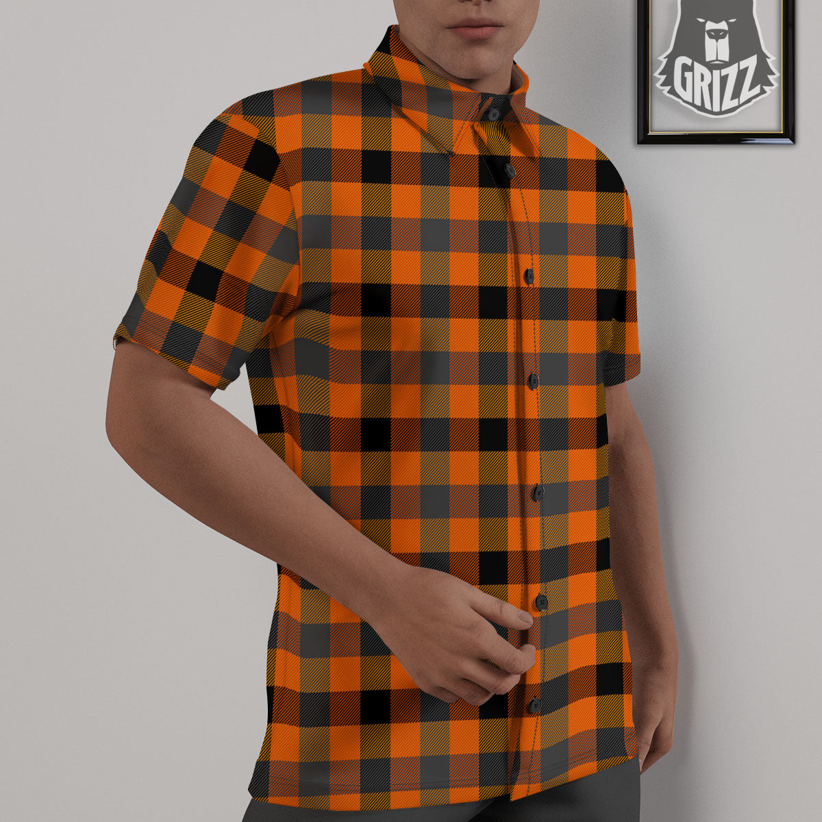 Buffalo Check Halloween Orange Print Untucked Shirts-grizzshop