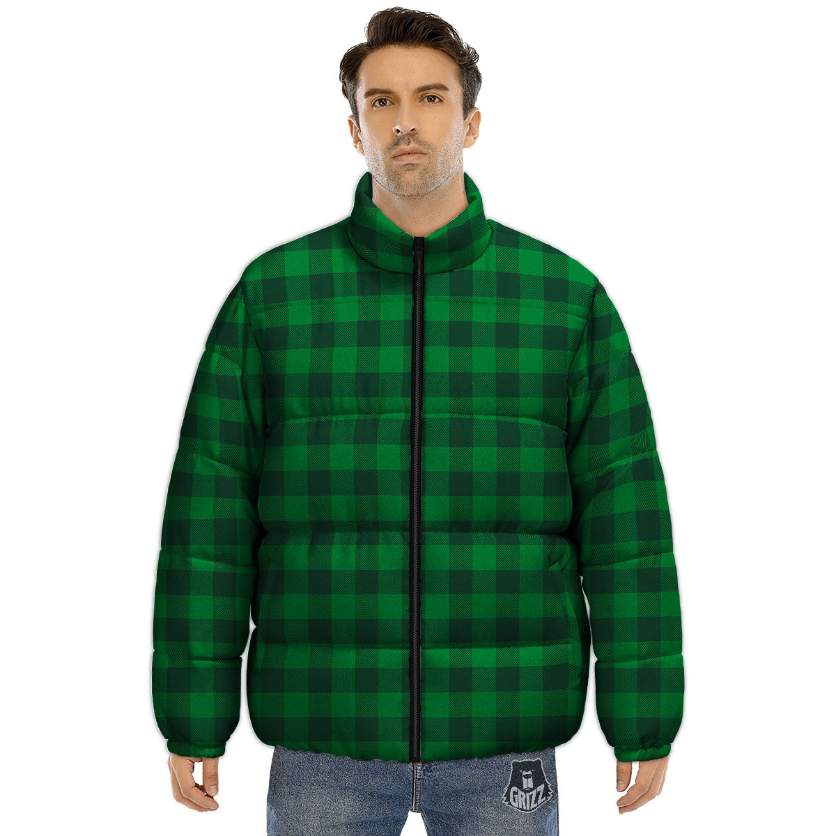 Buffalo Check Irish Green Print Pattern Puffer Jacket-grizzshop