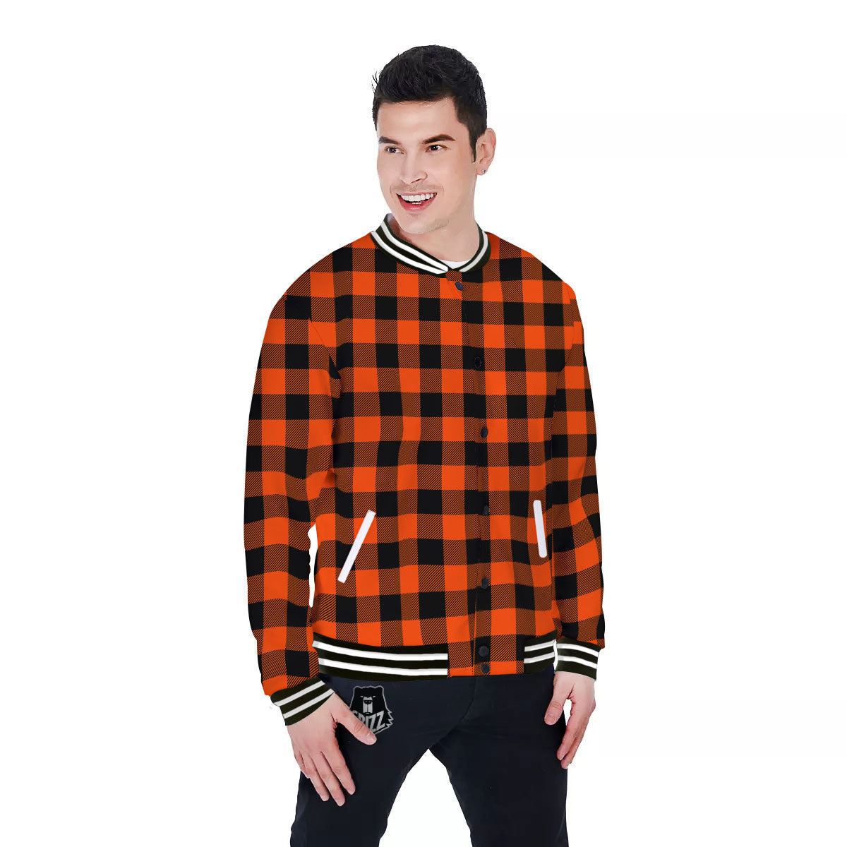 Buffalo Check Lava Orange Print Pattern Baseball Jacket-grizzshop
