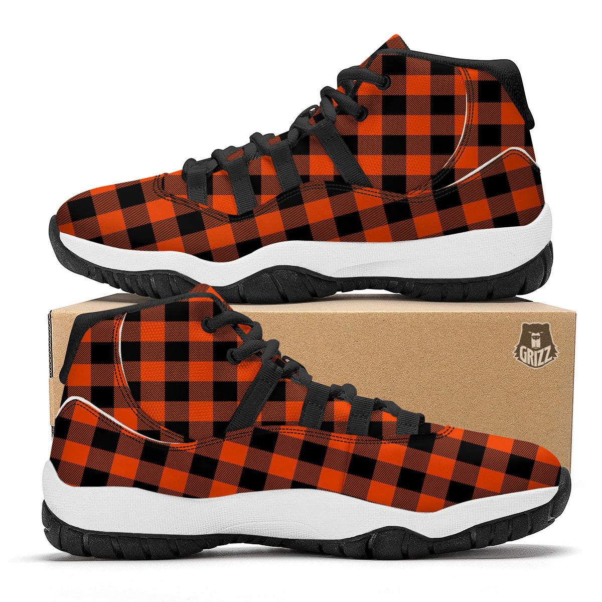 Buffalo Check Lava Orange Print Pattern Black Bball Shoes-grizzshop