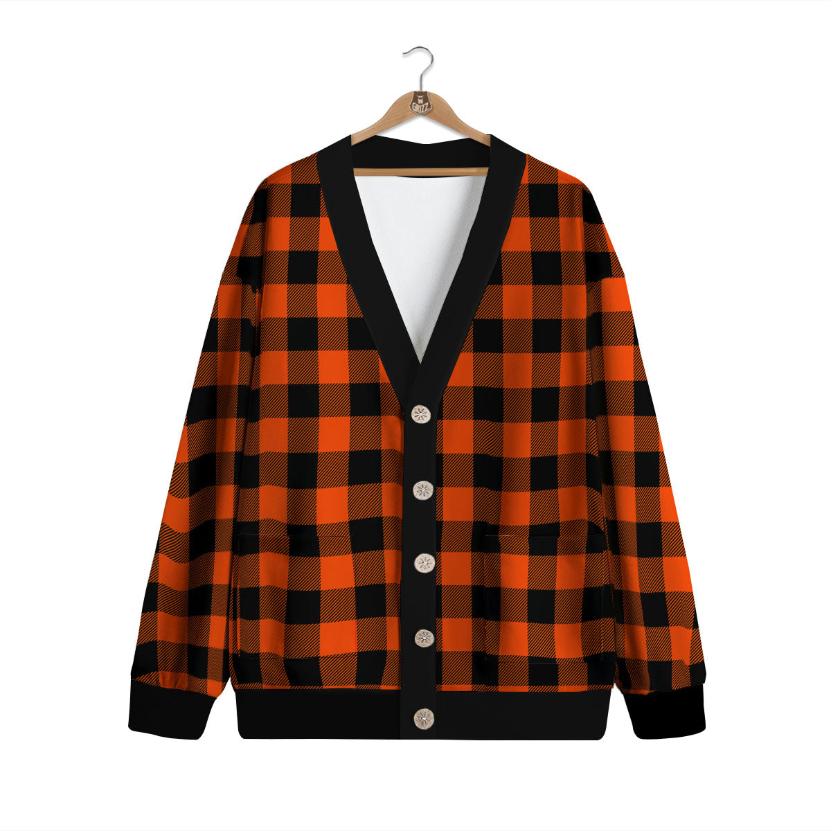 Buffalo Check Lava Orange Print Pattern Cardigan-grizzshop