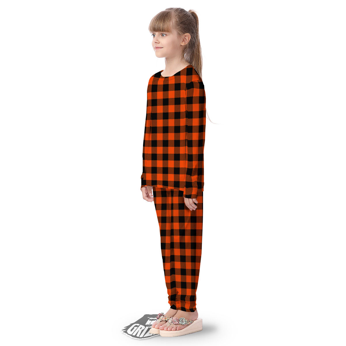 Buffalo Check Lava Orange Print Pattern Kid's Pajamas-grizzshop