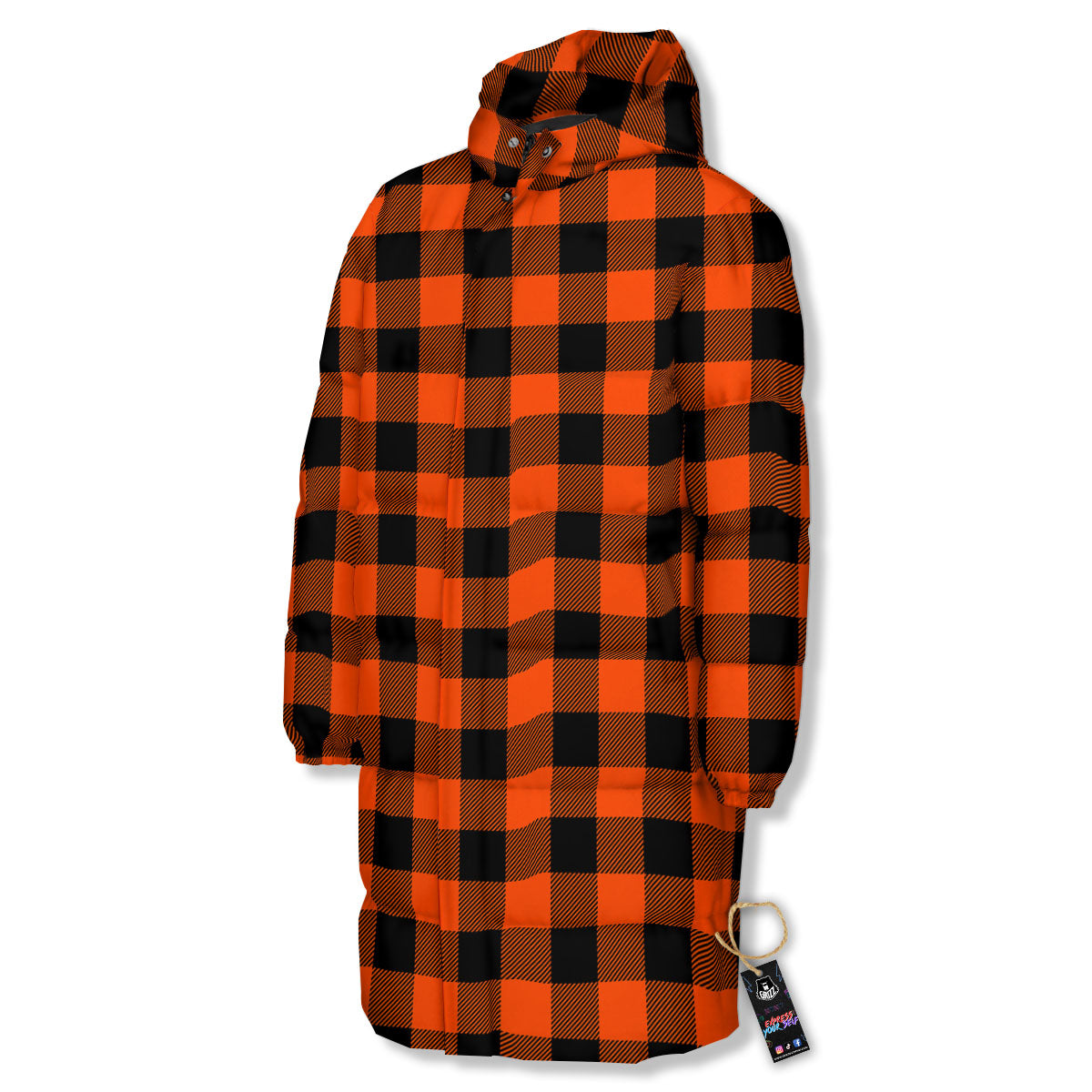 Buffalo Check Lava Orange Print Pattern Long Down Jacket-grizzshop