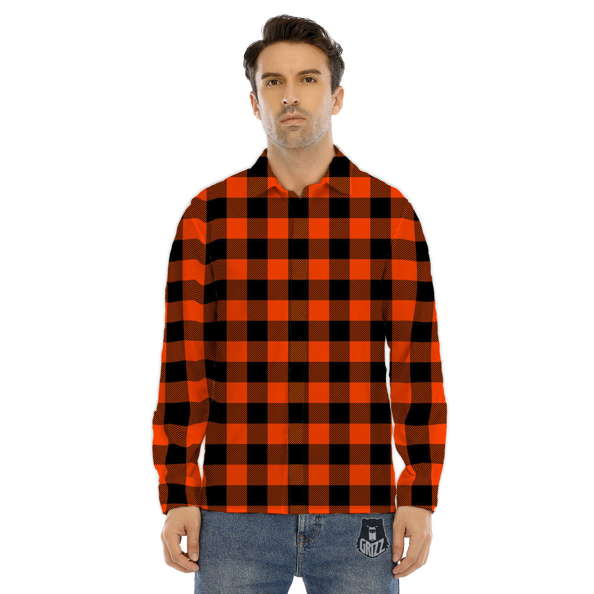 Buffalo Check Lava Orange Print Pattern Men's Dress Shirts-grizzshop