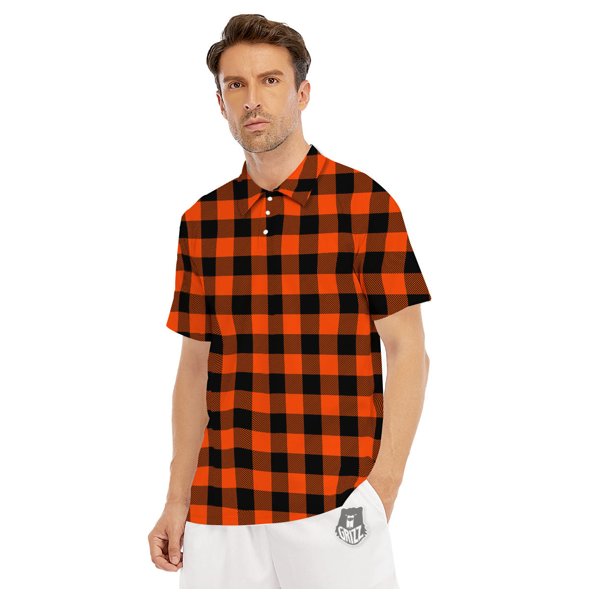 Buffalo Check Lava Orange Print Pattern Men's Golf Shirts-grizzshop