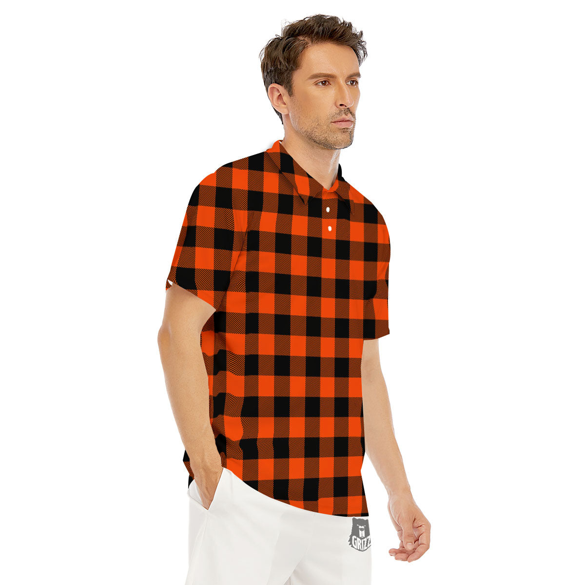 Buffalo Check Lava Orange Print Pattern Men's Golf Shirts-grizzshop