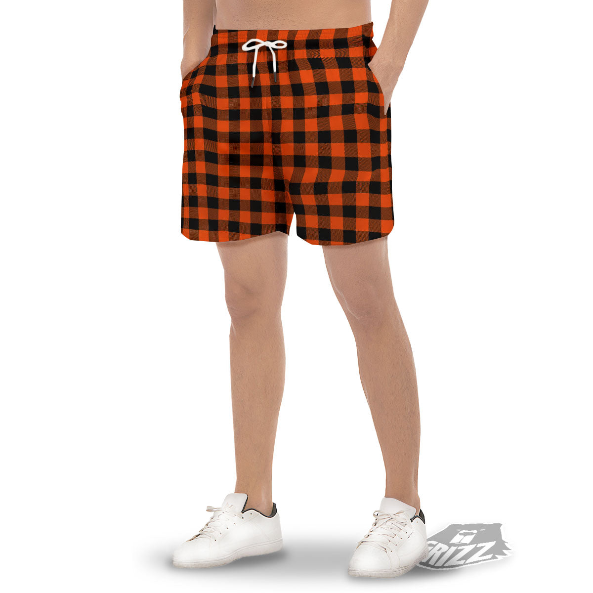 Buffalo Check Lava Orange Print Pattern Men's Gym Shorts-grizzshop