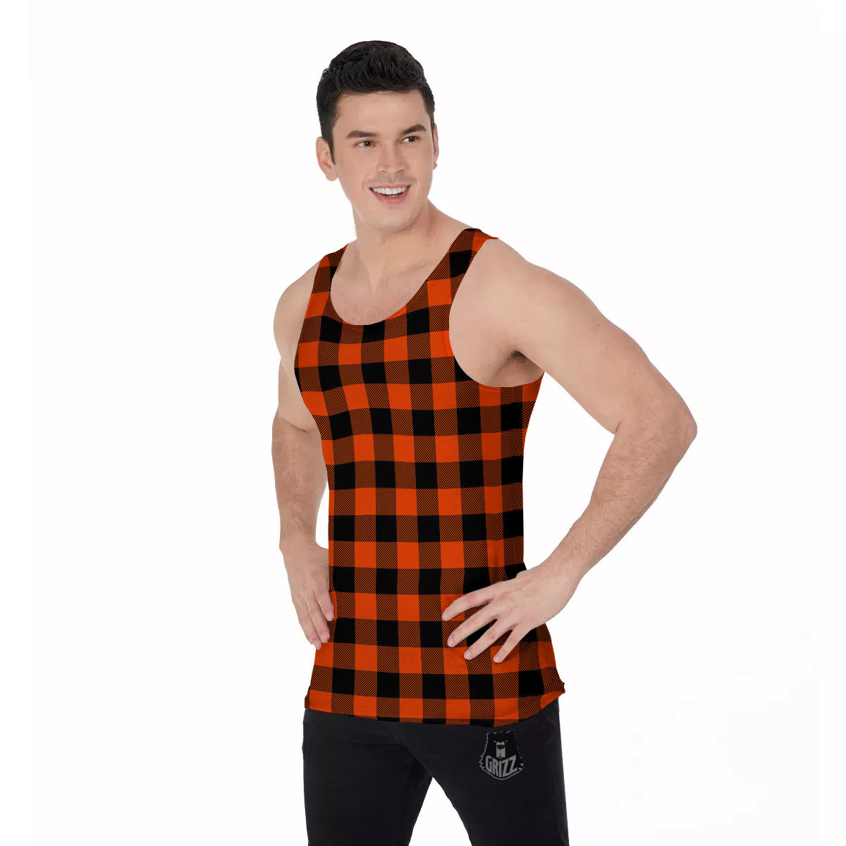 Buffalo Check Lava Orange Print Pattern Men's Tank Top-grizzshop