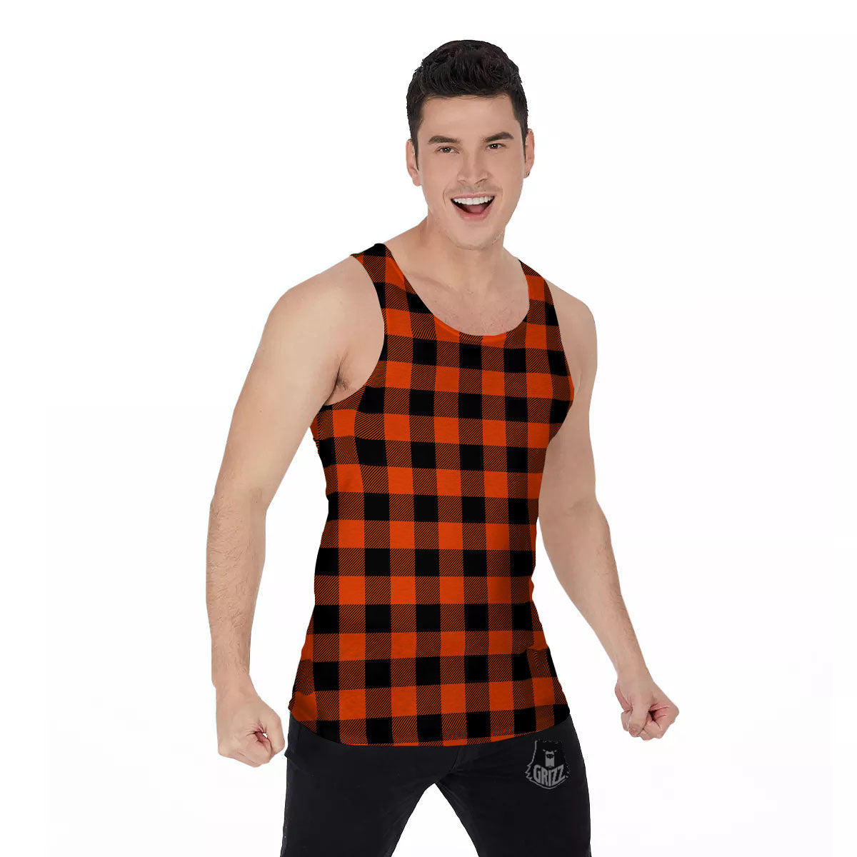 Buffalo Check Lava Orange Print Pattern Men's Tank Top-grizzshop