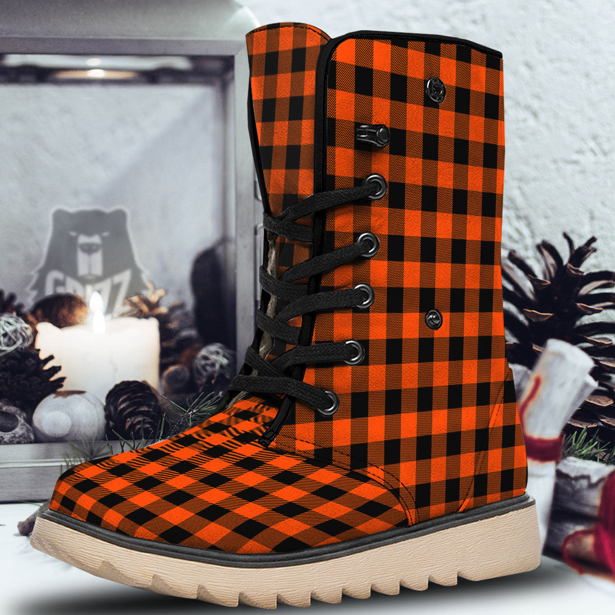 Buffalo Check Lava Orange Print Pattern Snow Boots-grizzshop