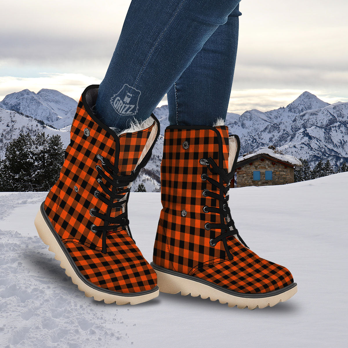 Buffalo Check Lava Orange Print Pattern Snow Boots-grizzshop