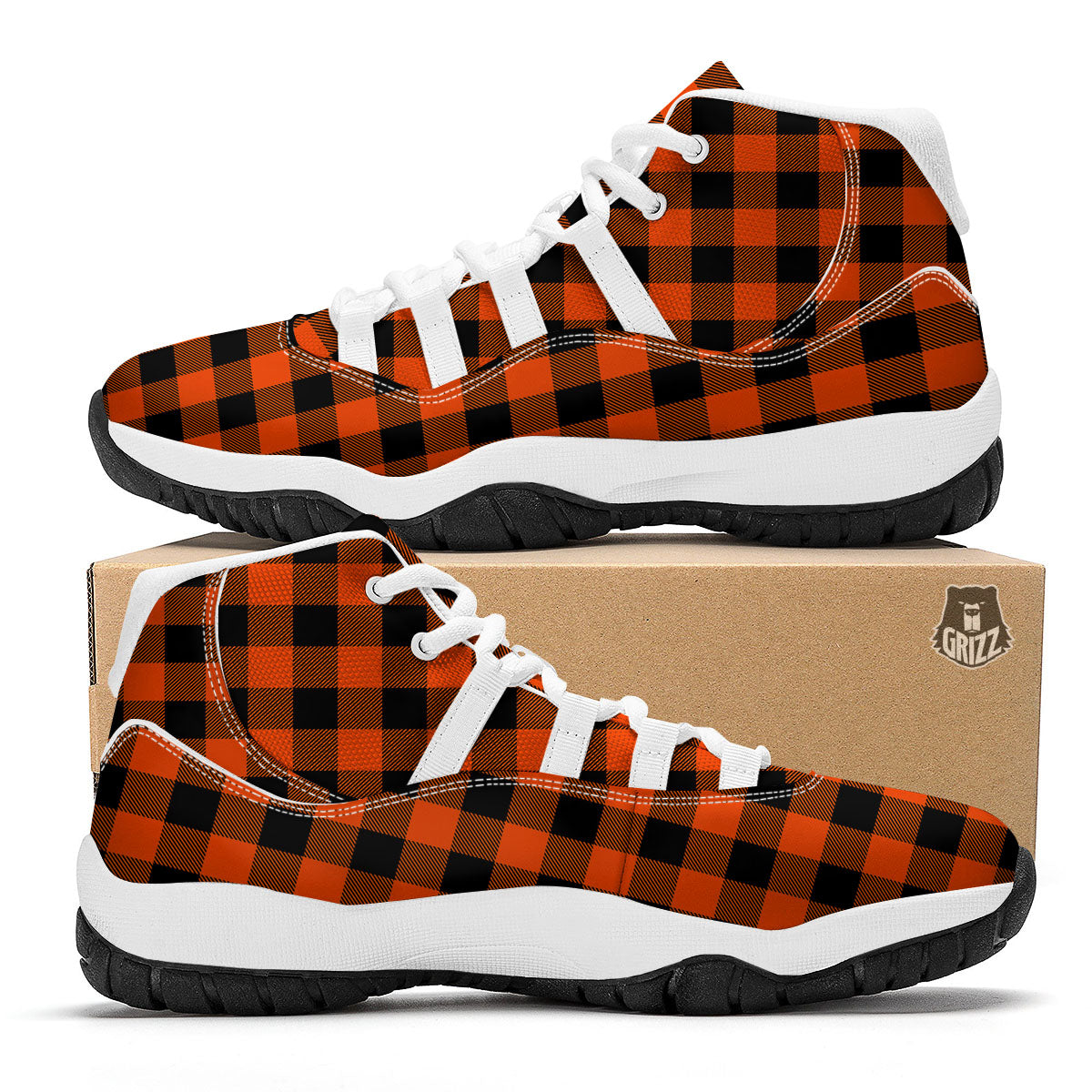 Buffalo Check Lava Orange Print Pattern White Bball Shoes-grizzshop