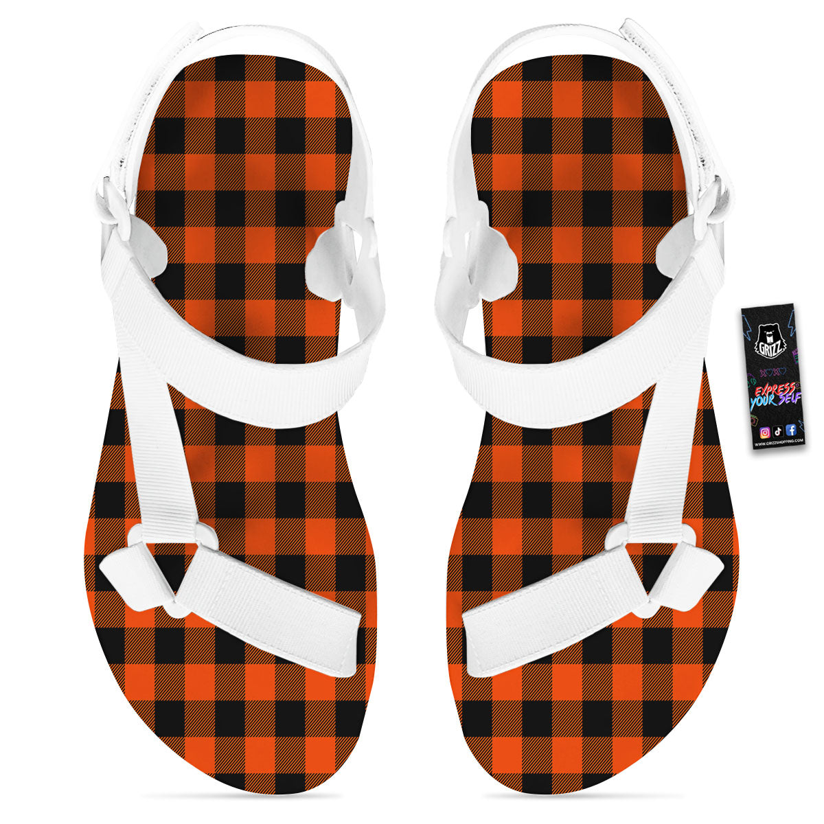 Buffalo Check Lava Orange Print Pattern White Open Toe Sandals-grizzshop