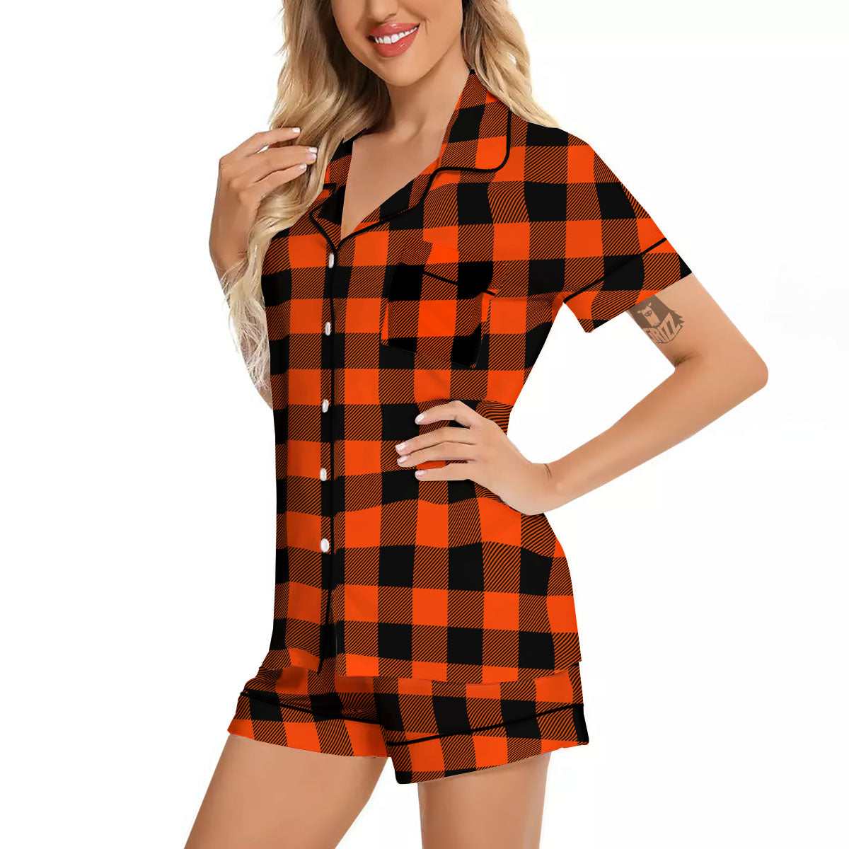 Buffalo Check Lava Orange Print Pattern Women Silk Pajamas-grizzshop