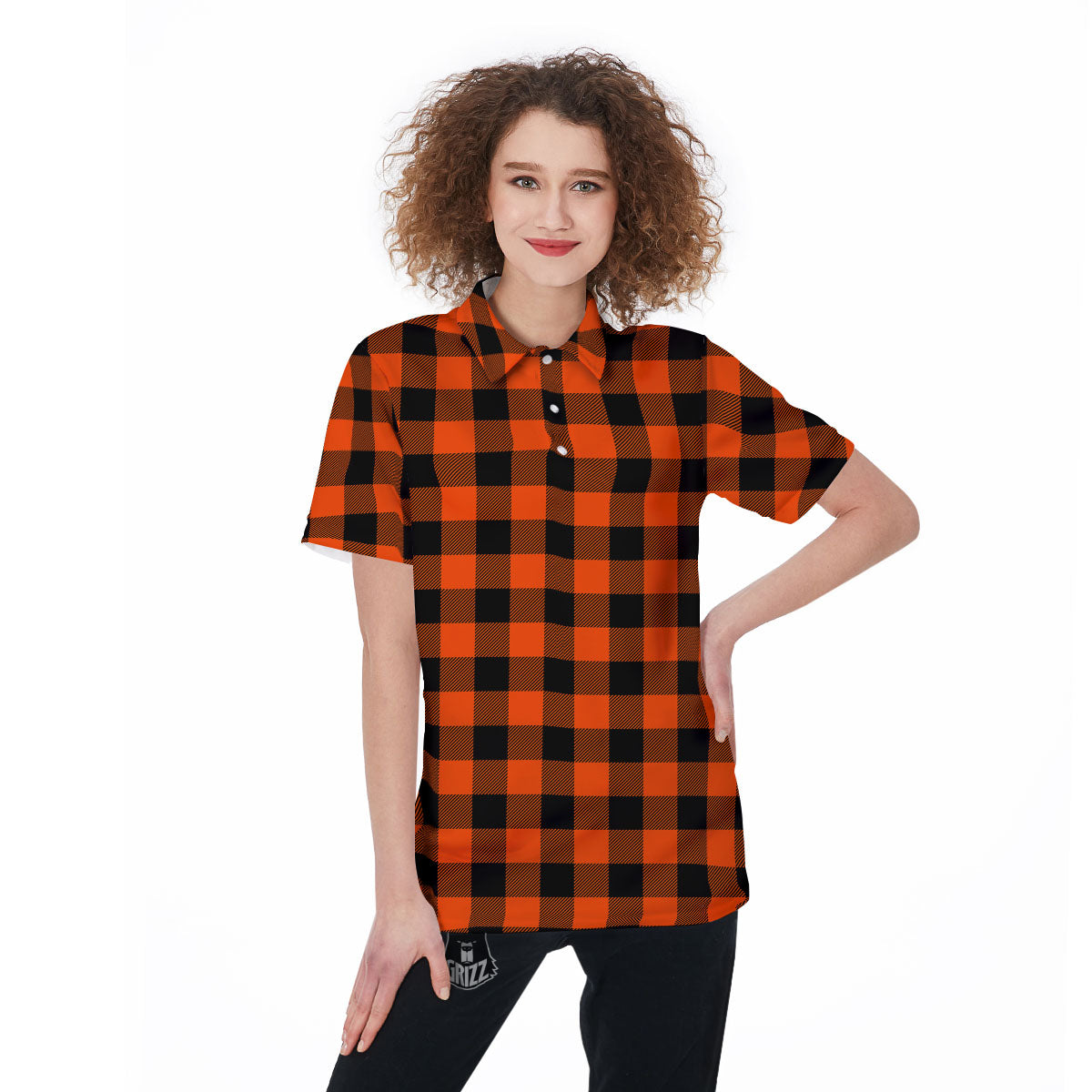 Buffalo Check Lava Orange Print Pattern Women's Golf Shirts-grizzshop