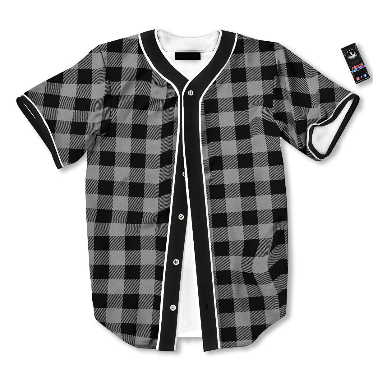 Buffalo Check Light Grey And Black Print Baseball Jersey-grizzshop