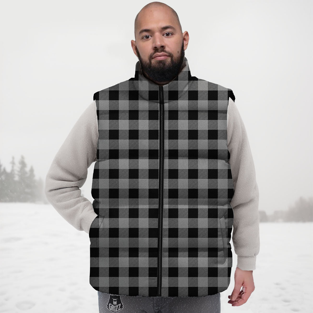 Buffalo Check Light Grey And Black Print Down Vest