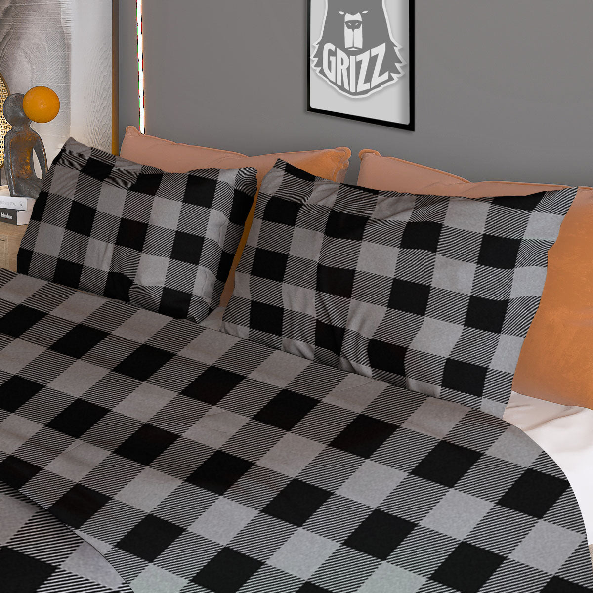Buffalo Check Light Grey And Black Print Duvet Cover Bedding Set