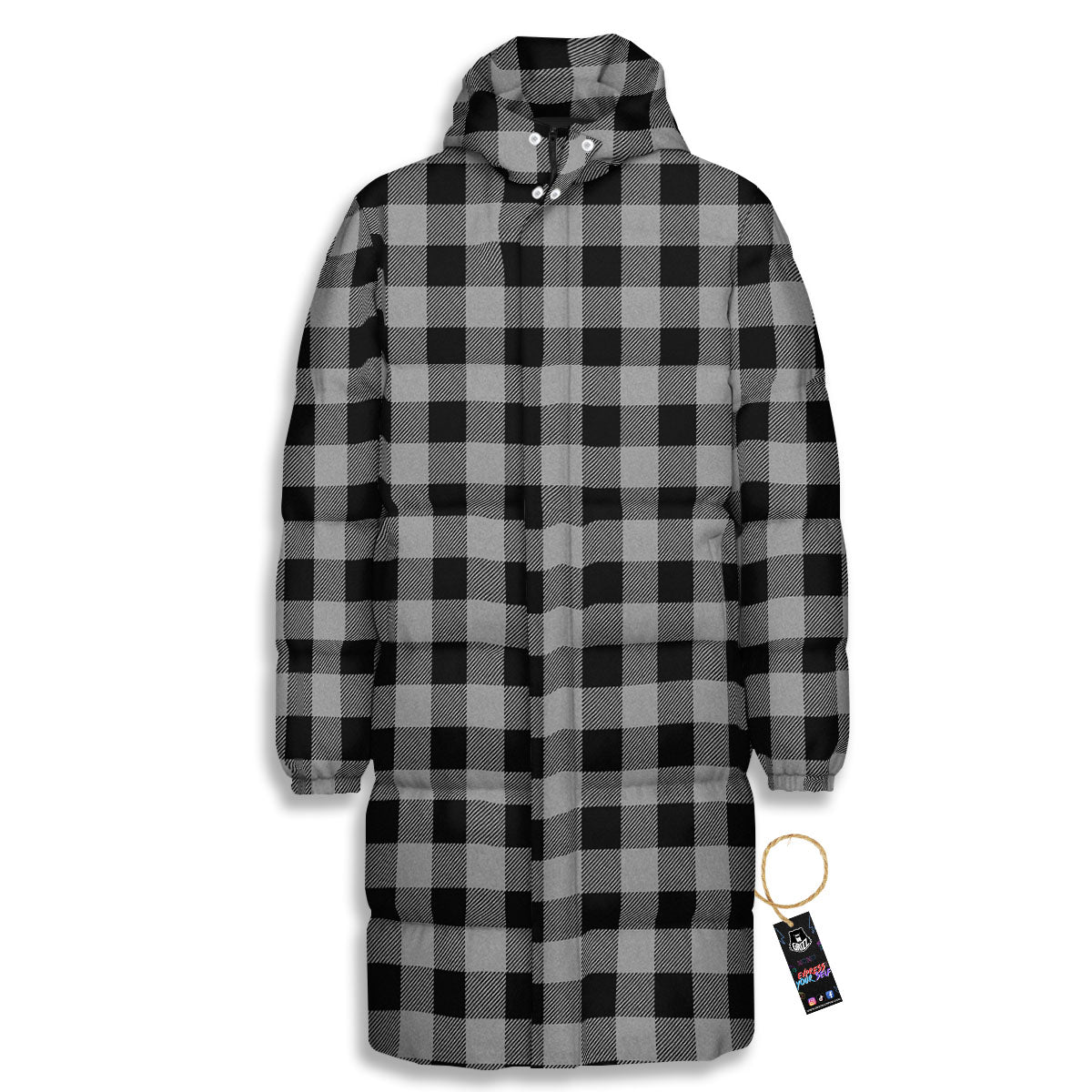 Buffalo Check Light Grey And Black Print Long Down Jacket-grizzshop
