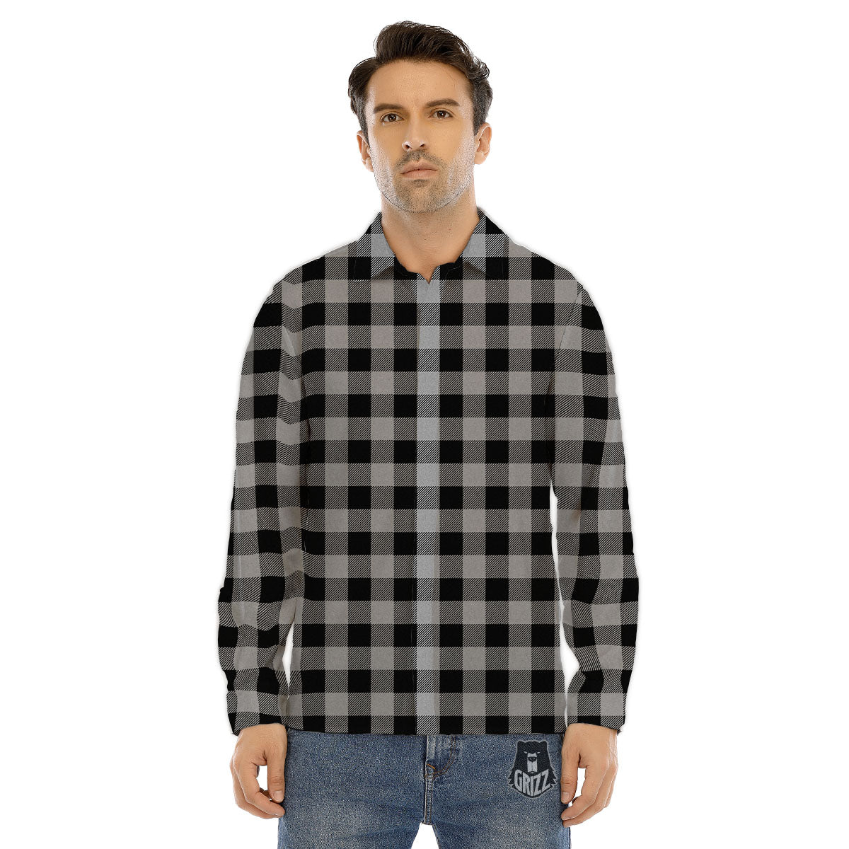 Buffalo Check Light Grey And Black Print Men's Dress Shirts-grizzshop
